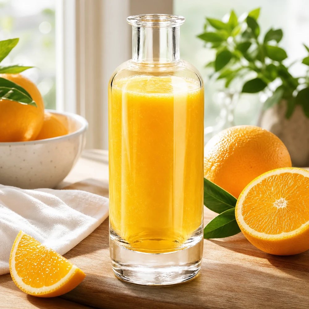200ml Glasflasche "Ella" ohne Verschluss UNiTWIST 200ml Glasflasche Ella mit Orangensaft befüllt umgeben von frischen Orangen zeigt natürliche Fruchtgetränke Anwendung