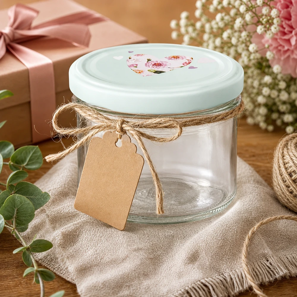 225ml kelímky + víčko BasicSeal srdíčková máta UNiTWIST 225ml Sturzglas mint BasicSeal Herz-Deckel als Geschenkidee mit Juteschnur und Anhänger dekoriert