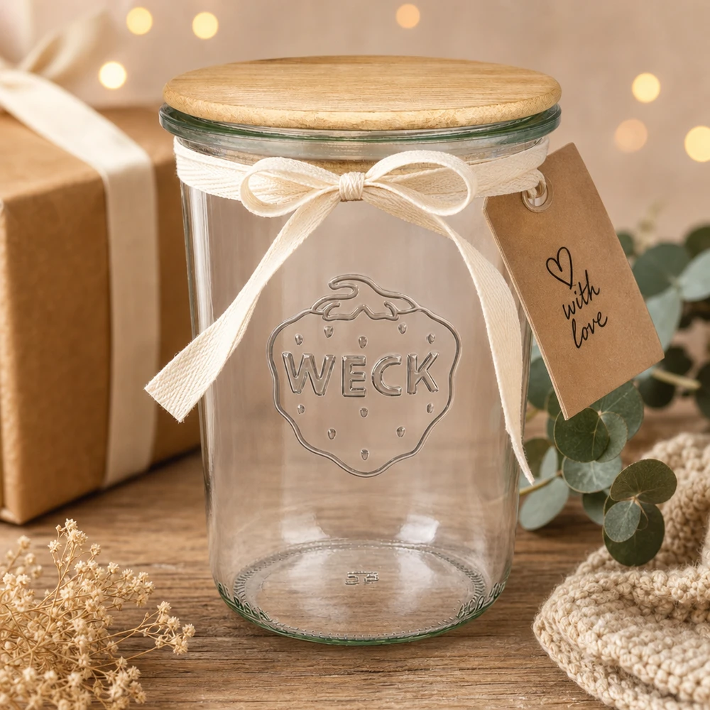 850ml tumblery WECK RR100 s dřevěným víčkem buchta WECK Sturzglas 850ml RR100 Holzdeckel Geschenkverpackung mit Schleife Tag Festliche Dekoration Weihnachten