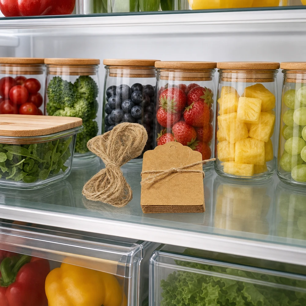 Štítek 30x50 mm se šňůrkou (balení po 10 ks) Braune Geschenkanhänger mit Kordel im Kühlschrank neben Vorratsgläsern mit Obst für praktische Lebensmittel-Organisation