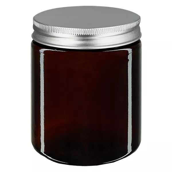Skleněná dóza o objemu 180 ml. hnědá, se stříbrným kovovým víčkem. ApoGlas Skleněná dóza o objemu 180 ml. hnědá, se stříbrným kovovým víčkem. ApoGlas