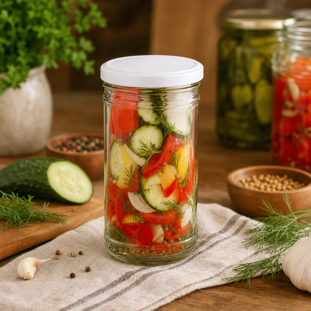 1053ml Sturzglas mit eingelegtem Gemüsemix Gurken Paprika Zwiebeln Dill zeigt vielseitige Verwendung als Konservenglas