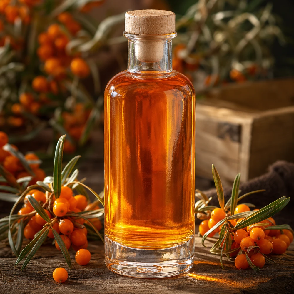 200ml Glasflasche Ella mit Holzkorken gefüllt mit orangefarbenem Sanddornöl zwischen frischen Sanddornzweigen