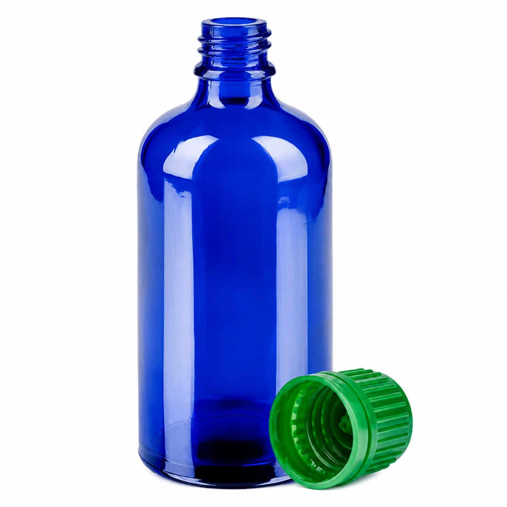 Apothekerflasche 100ml kobaltblau UV-Schutz mit grünem Kindersicherheitsverschluss UT18 Gewinde