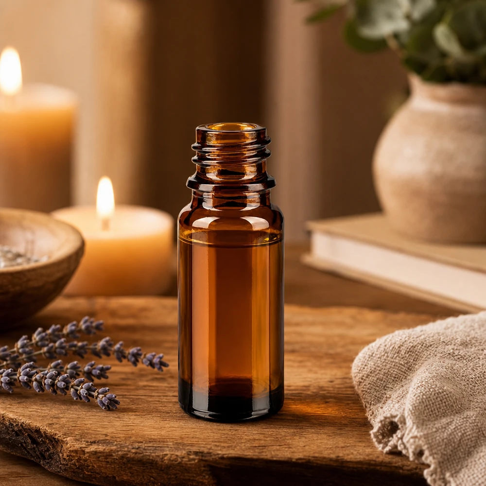 10ml braune Apothekenflasche ApoGlas mit Lavendelblüten Kerzen und Aromatherapie-Zubehör auf Holztablett