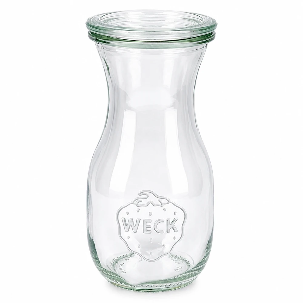 290ml láhev na šťávu WECK se skleněným víčkem RR60 WECK Saftflasche 290ml aus Glas mit Glasdeckel RR60 transparent mit Weck-Logo für Saft und Getränke