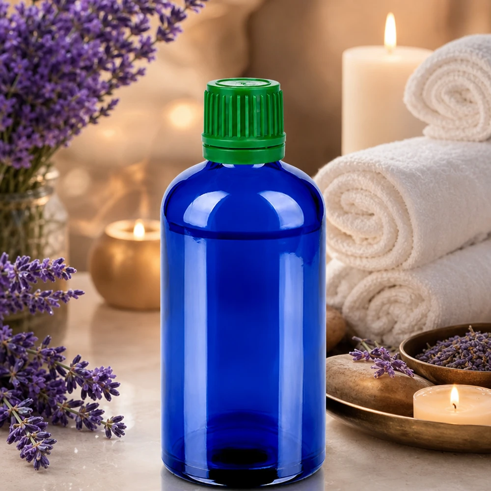100ml láhev 11mm šroubovací uzávěr zelený uzávěr s ochranou proti manipulaci BlueLine UT18/100 Professionelle Dosierflasche 100ml mit 11mm Öffnung ideal für Kosmetik und Naturheilkunde
