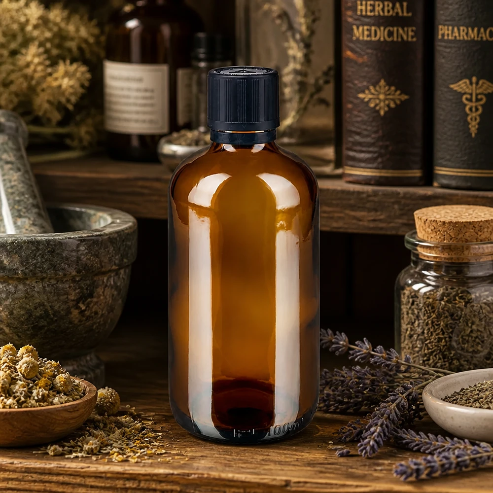 Lékárenská láhev hnědá 100ml kapací uzávěr Premium 1mm černý Dětem odolný výstražný symbol proti manipulaci Uzávěr proti manipulaci. Pharmazeutische 100ml Braunglasflasche mit Originalitätsverschluss in traditioneller Kräuterapotheke