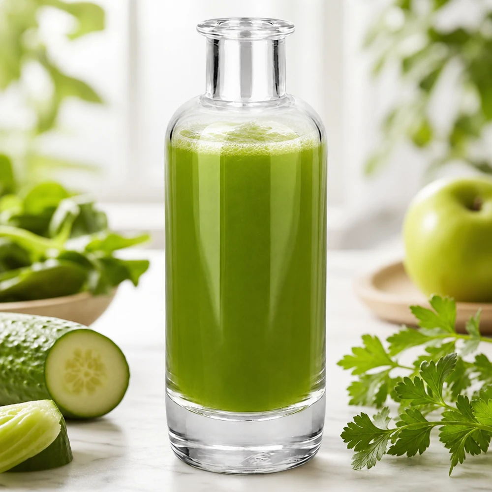 200ml Glasflasche "Ella" ohne Verschluss UNiTWIST 200ml Apothekerflasche Ella mit grünem Smoothie befüllt zeigt Anwendung für Getränke und Kosmetik