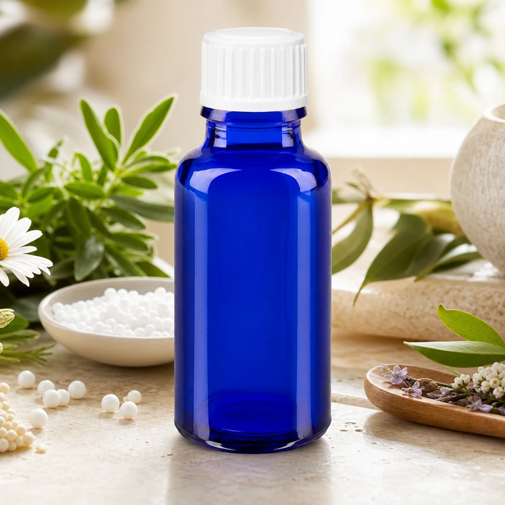 Lékárenská lahvička modrá 20ml šroubovací uzávěr bílý globule standardní Professionelle Apotheken-Globuliflasche 20ml in Blau mit weißem Deckel vor Kräuterhintergrund