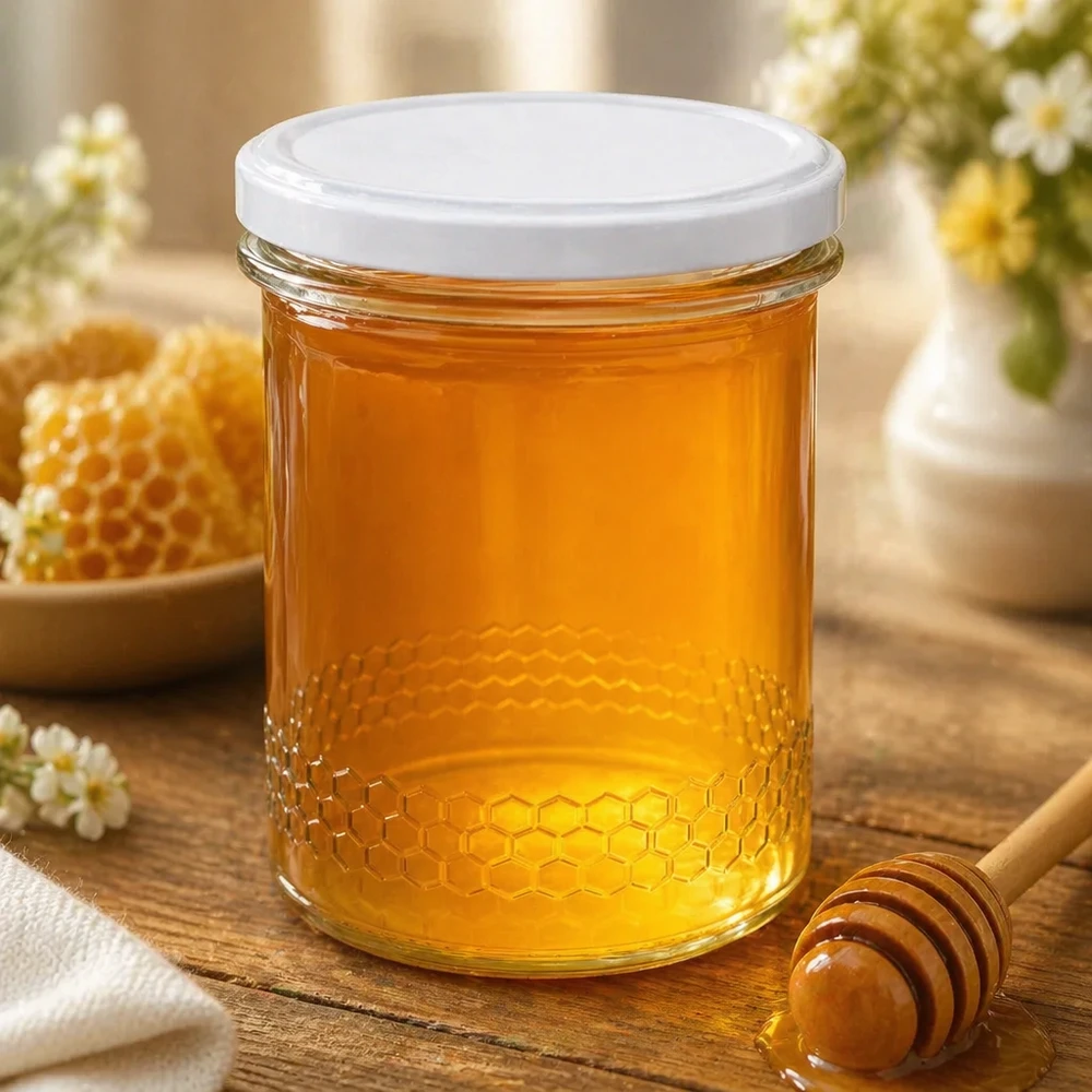 400ml Honigglas gefüllt mit goldenem Honig neben Honiglöffel und Wabe natürliche Küchenszene Wabenmuster