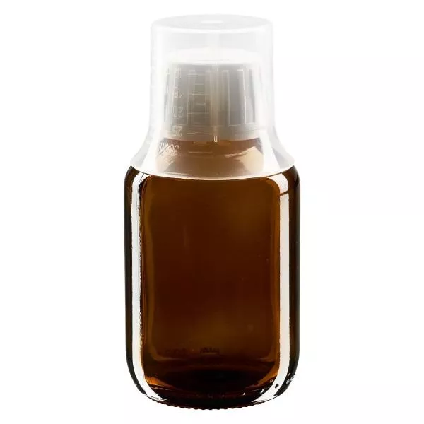 Flacons médicaux bruns avec gobelet doseur