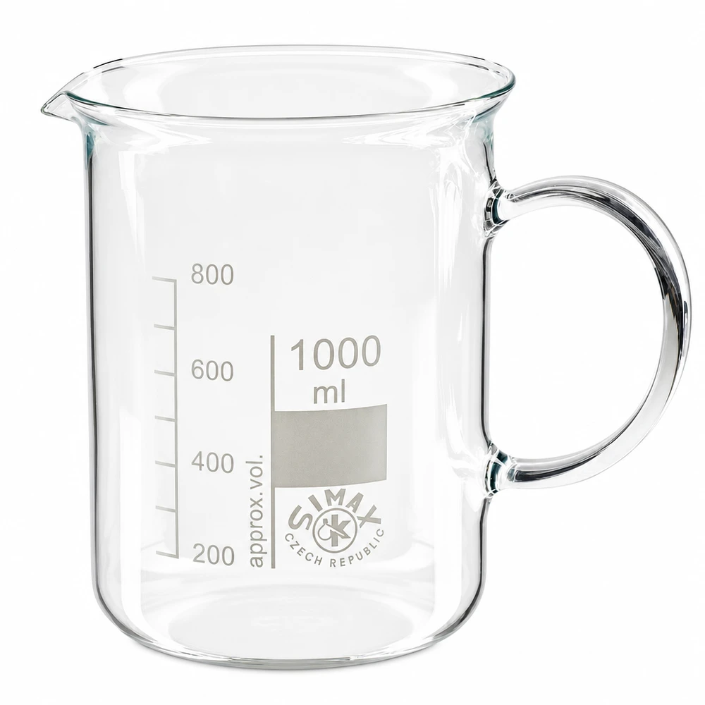 Kádinka 1000ml z borosilikátového skla, s rukojetí Becherglas mit Henkel 1000ml aus Borosilikatglas ideal für Labor und Haushalt