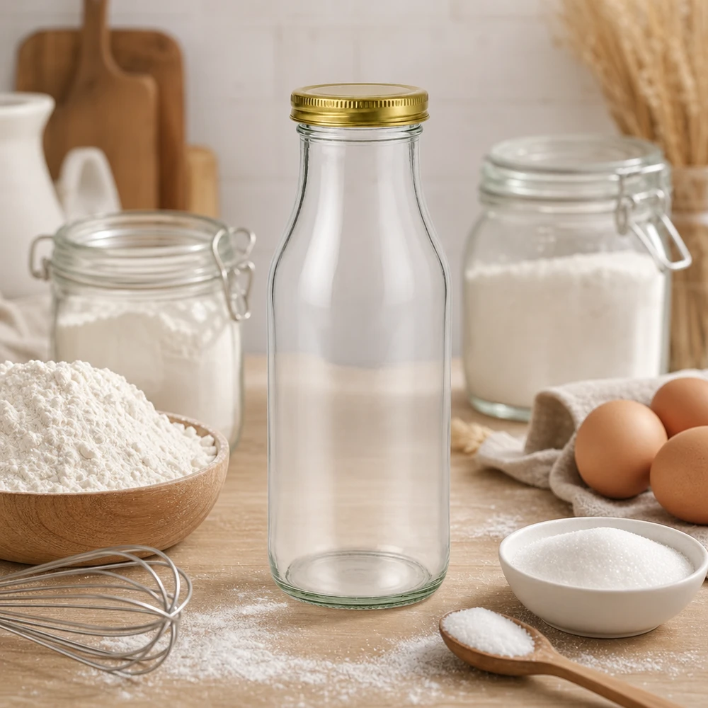 UNiTWIST Bottle263 mit goldenem TO43 BioSeal Deckel als stylische Backzutat-Aufbewahrung zwischen Mehl und Eiern