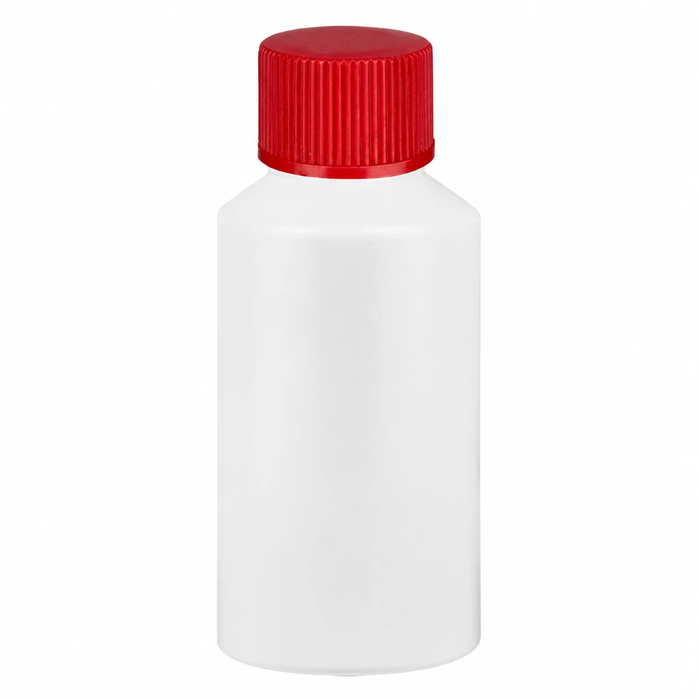 Lékárnická lahvička 50 ml z HDPE, bílá, s červeným šroubovacím uzávěrem, pro farmaceutický průmysl a laboratoře