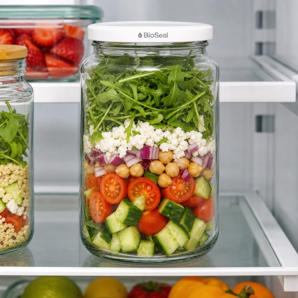 UNiTWIST Runda382 s bílým víčkem TO66 BioSeal UNiTWIST Runda382 Schichtsalat im Kühlschrank - Meal Prep Glas mit frischem Gemüse und weißem BioSeal Deckel