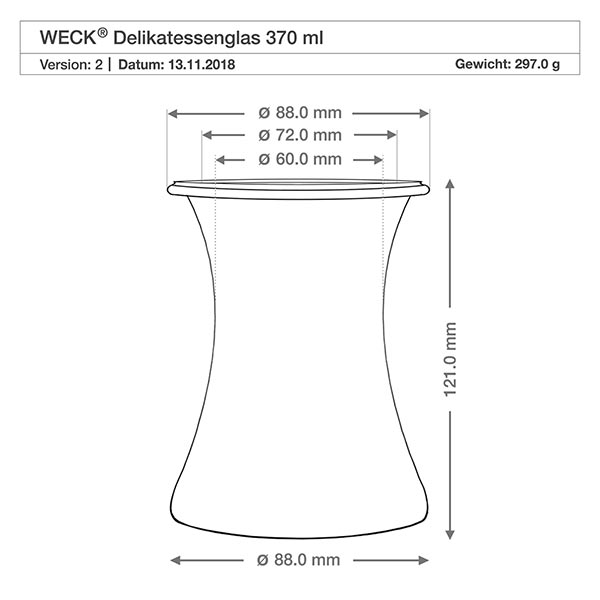 Sada 24 sklenic Weck o objemu 370 ml na lahůdky. WECK Delikatessengl 370ml RR80 technische Zeichnung Maße Abmessungen Durchmesser Höhe Produktspezifikation