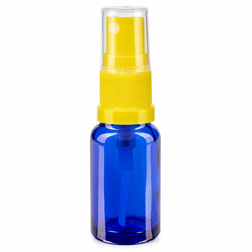 Lékárenská lahvička modrá 30ml s rozprašovacím uzávěrem žlutá Kompakte blaue Lichtschutzglasflasche 30ml mit gelbem Sprühaufsatz und Staubschutzkappe