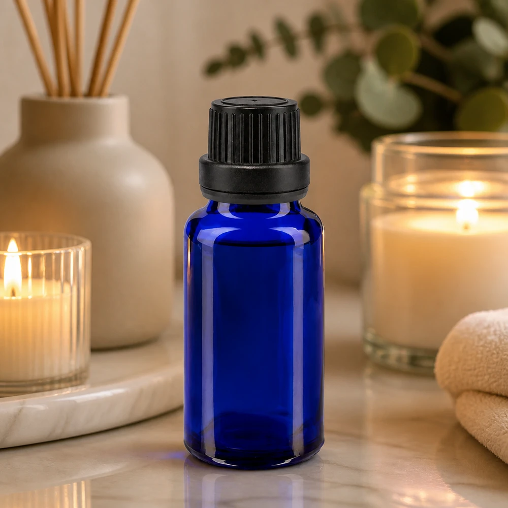 Lékárenská láhev modrá 20ml šroubovací uzávěr černá těsnicí vložka nedovolená manipulace s uzávěrem. Apothekerflasche 20ml blau Glas mit Originalitätsverschluss für Kosmetik und Naturheilkunde