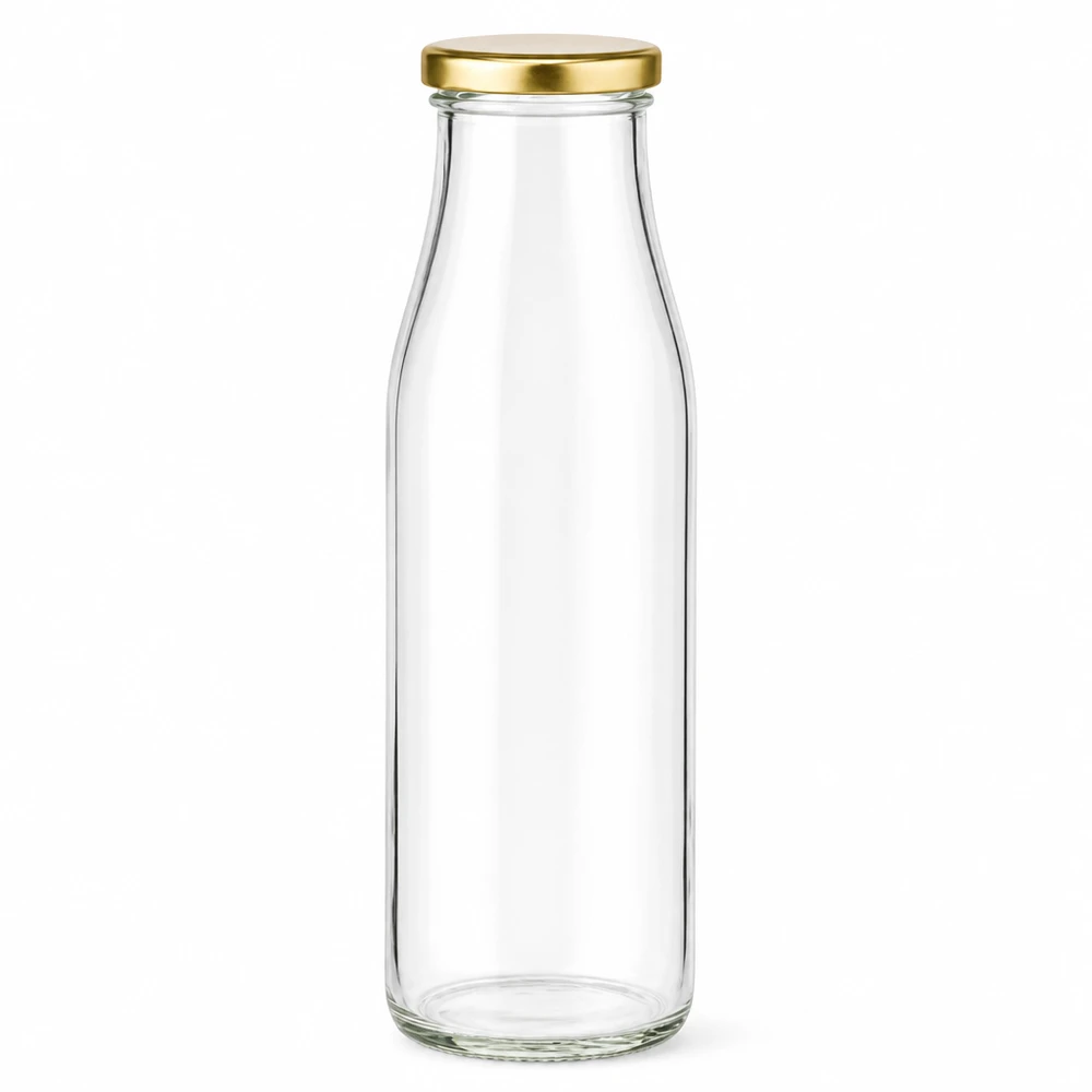 500ml skleněná láhev + víčko BasicSeal zlaté UNiTWIST 500ml Glasflasche mit goldenem BasicSeal Deckel leer transparent für Getränke Milch Saft UN-zertifiziert