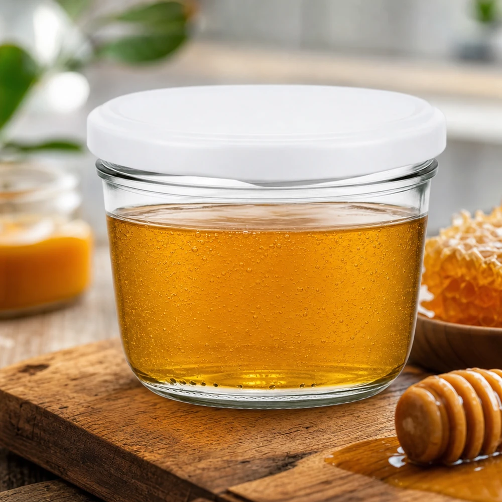230ml sklenice s víčkem BasicSeal bílá UNiTWIST 230ml Sturzglas mit weißem Deckel für Honig - Imkerglas mit Honiglöffel auf rustikalem Holztisch