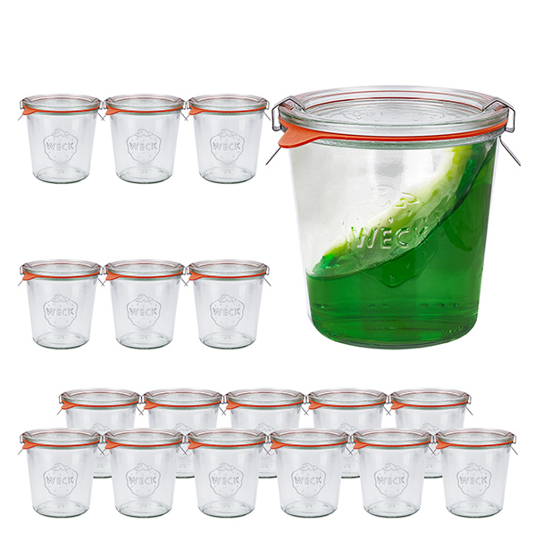 Sada 18 sklenic Weck o objemu 580 ml s 18 skleněnými víčky, 1 ks. Sada 18 sklenic Weck o objemu 580 ml s 18 skleněnými víčky, 1 ks.