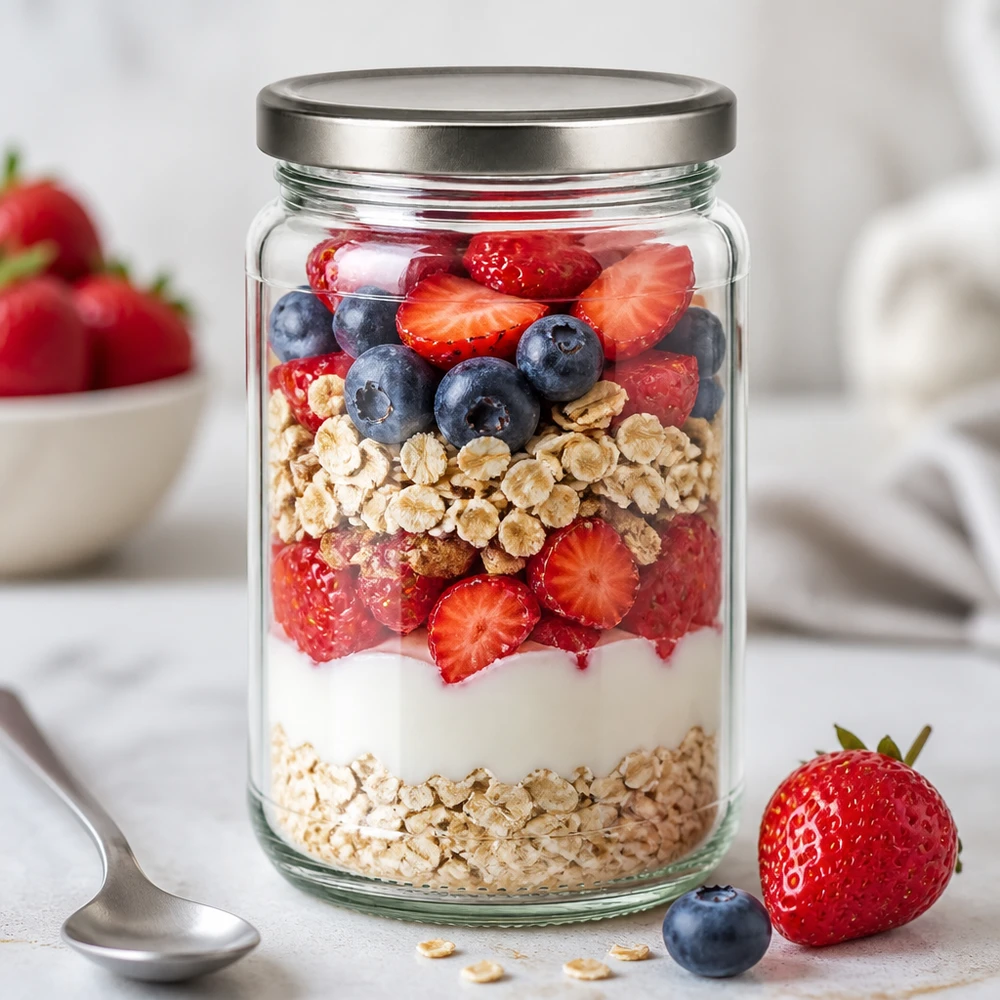305ml kulatá skleněná nádoba s víčkem BasicSeal stříbrná UNiTWIST. 305ml Rundglas als Overnight Oats Schichtdessert mit Beeren und Granola - BasicSeal Deckel silber für Meal Prep