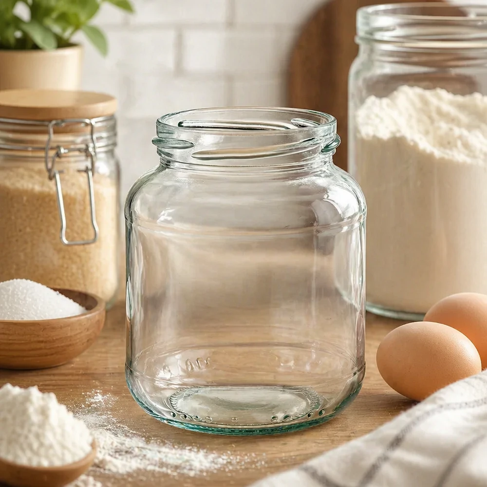 Oválná sklenice bez víčka o objemu 370 ml (TO66) UNiTWIST UNiTWIST Oval370 Einmachglas 370ml leer auf Holztisch mit Mehl Eiern und Küchenutensilien im Hintergrund