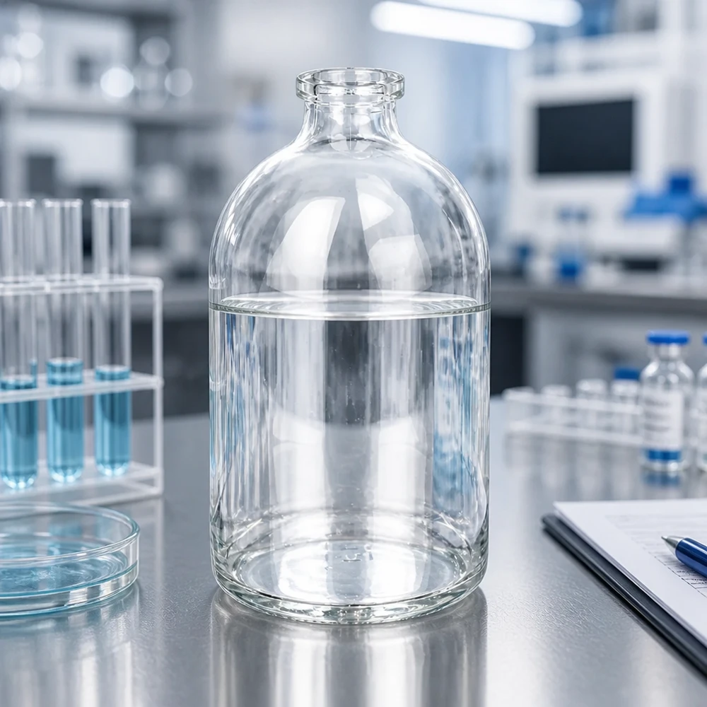 Injekční láhev z čirého skla 100ml Injektionsflasche 100ml Klarglas mit charakteristischer Schulterform und schmalem Ausguss