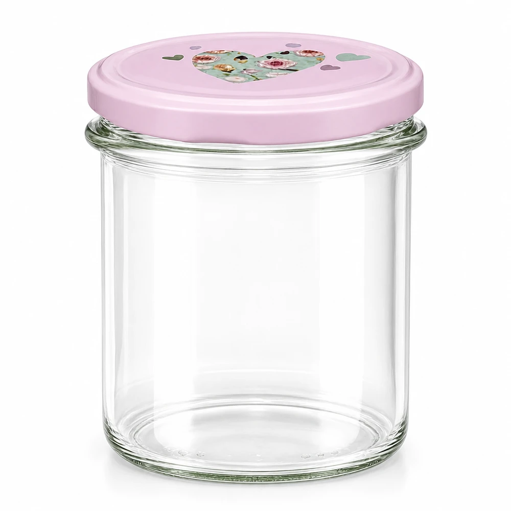 350ml kelímky + víčko BasicSeal srdíčková růžová UNiTWIST 350ml Sturzglas mit rosa BasicSeal Deckel Herzmotiv Einmachglas Vorratsglas leer transparent