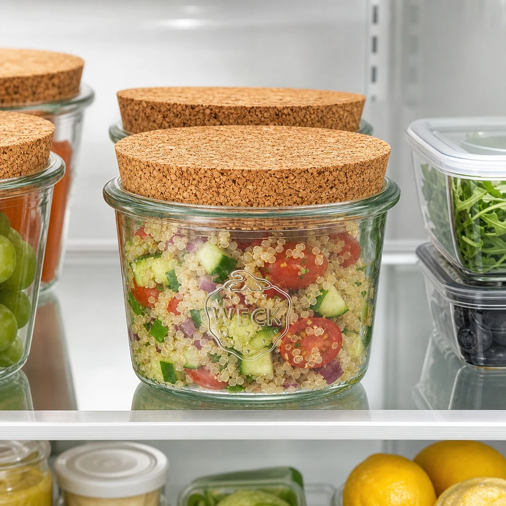 80ml tumbler WECK RR60 s korkem přírodní WECK Sturzglas 80ml RR60 mit Korken im Kühlschrank zur Aufbewahrung von Quinoa-Salat und frischen Lebensmitteln