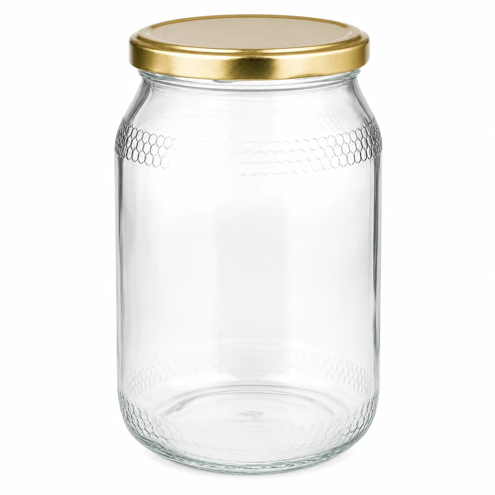 900ml Honigglas mit goldenem BasicSeal UNiTWIST Deckel - leeres Glasgefäß für Honig mit Wabenprägung