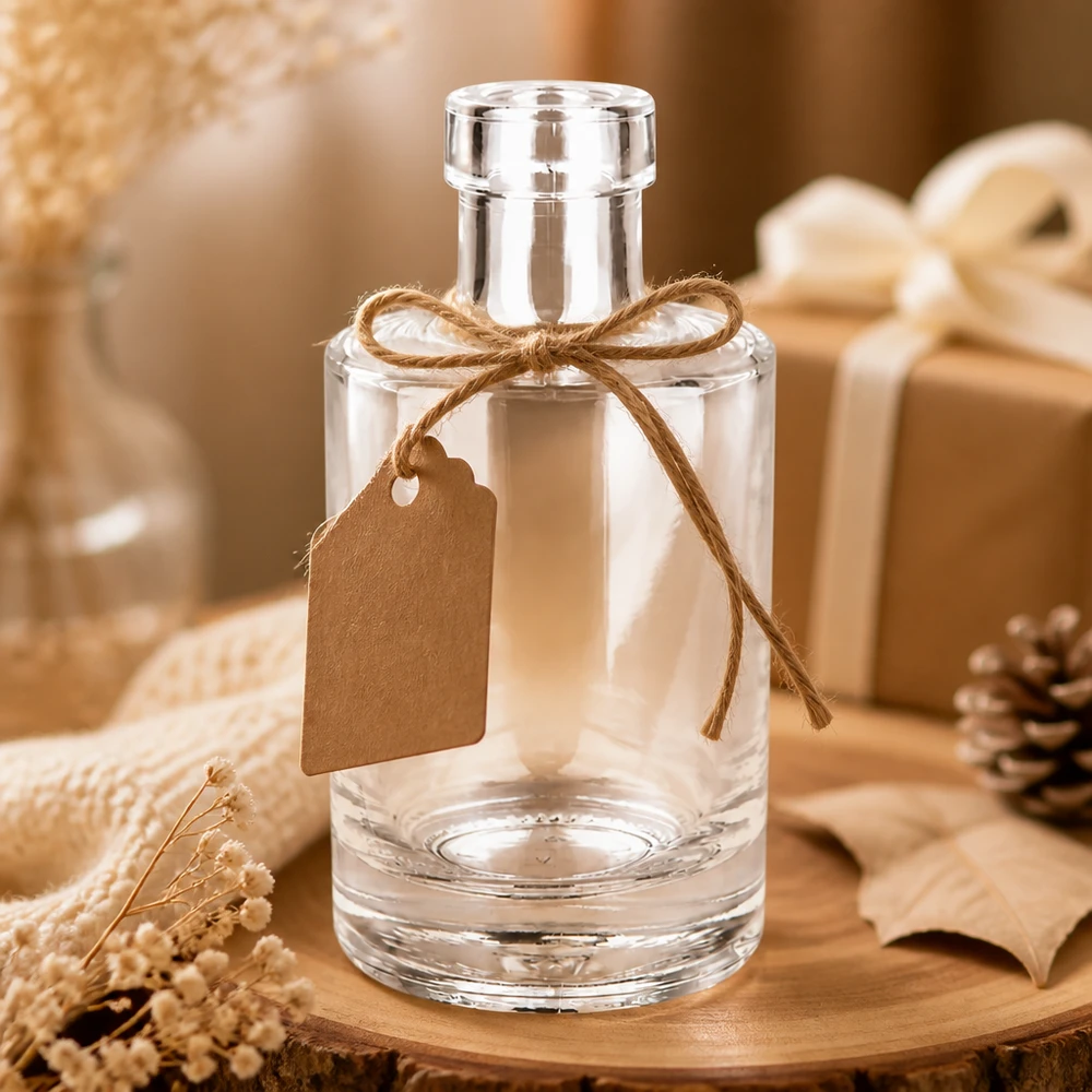 200ml Glasflasche "Marie" ohne Verschluss UNiTWIST Glasflasche Marie 200ml leer dekorativ mit Geschenkanhänger rustikale Herbstdeko mit Tannenzapfen und warmer Atmosphäre