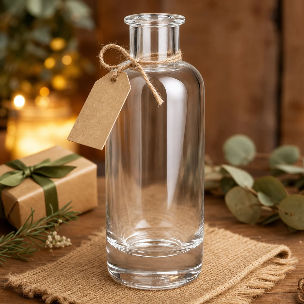 200ml Glasflasche Ella leer mit Geschenkanhänger und Juteband als Weihnachtsgeschenk dekoriert auf Holz