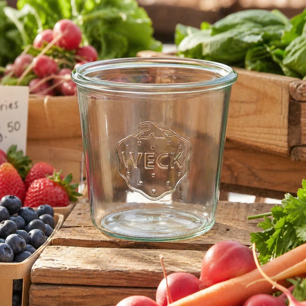 580ml tumbler WECK RR100 s dřevěným dřevem - 580ml tumbler WECK RR100 s dřevěným dřevem. 580ml WECK Sturzglas RR100 Einmachglas auf Holzbrett mit frischem Obst und Gemüse aus dem Markt