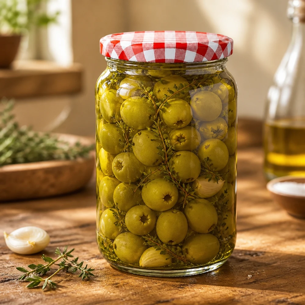 1062ml kulatá sklenice + víčko BasicSeal červené/bílé UNiTWIST. 1062ml Rundglas BasicSeal Deckel mit eingelegten grünen Oliven und Kräutern auf Holztisch Einmachglas Antipasti