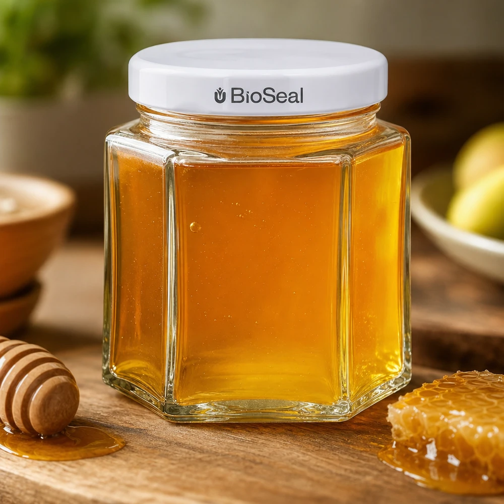 Šestihranná sklenice o objemu 47 ml s bílým víčkem BioSeal UNiTWIST.