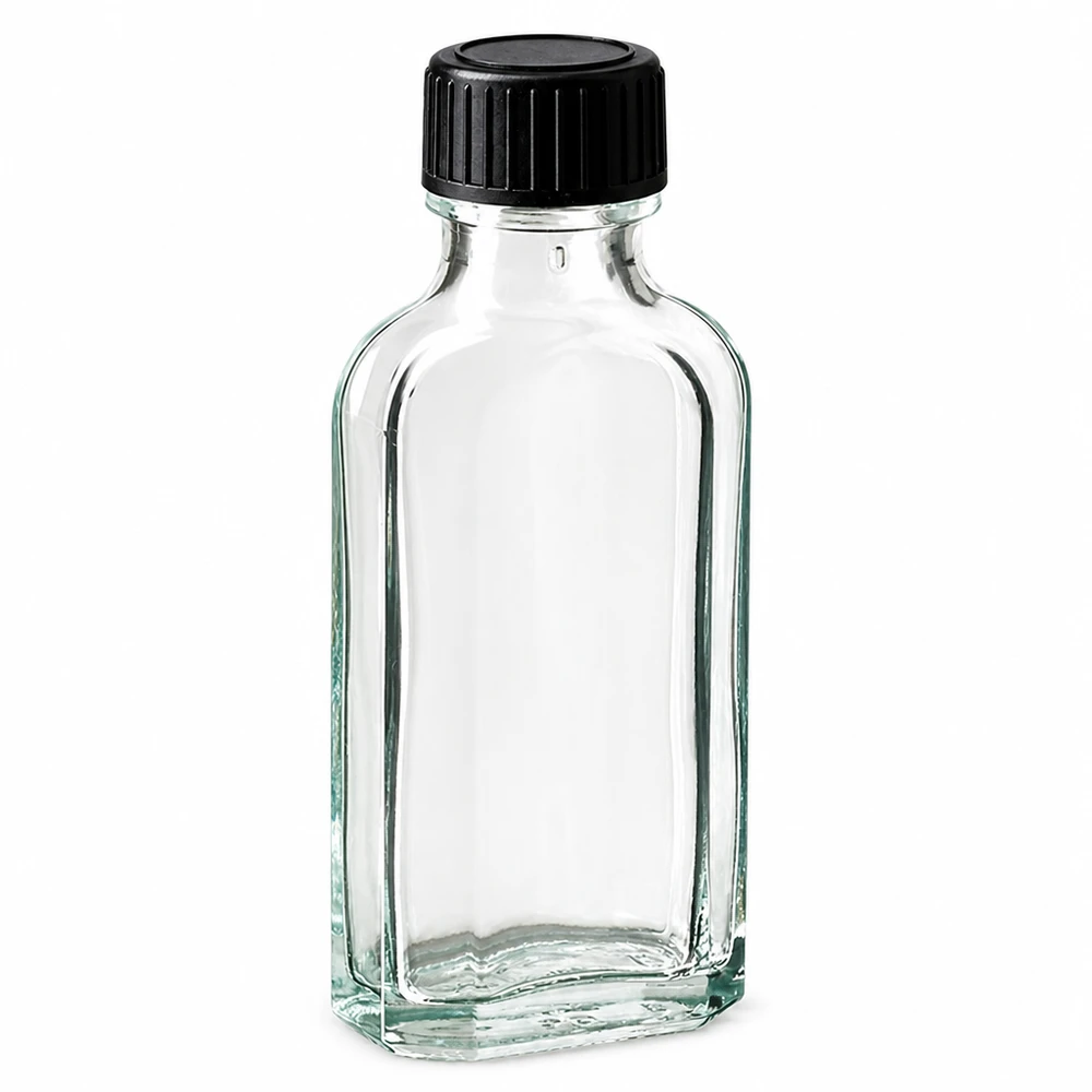 Hochwertige Meplat Klarglasflasche 50ml mit schwarzer Schraubkappe und Dichtung