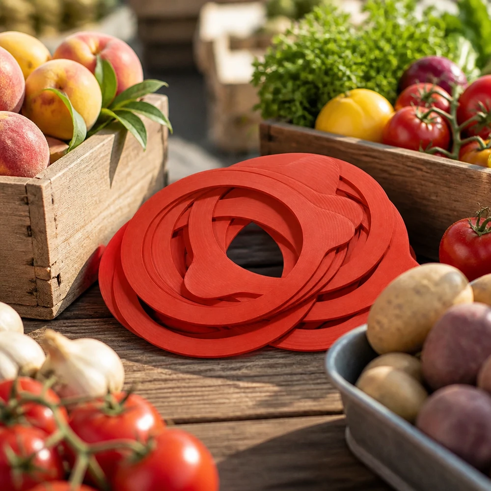 Einkochring RR80 Naturgummi rot auf rustikalem Holztisch mit frischem Obst Gemüse Marktstand Atmosphäre Einkochen