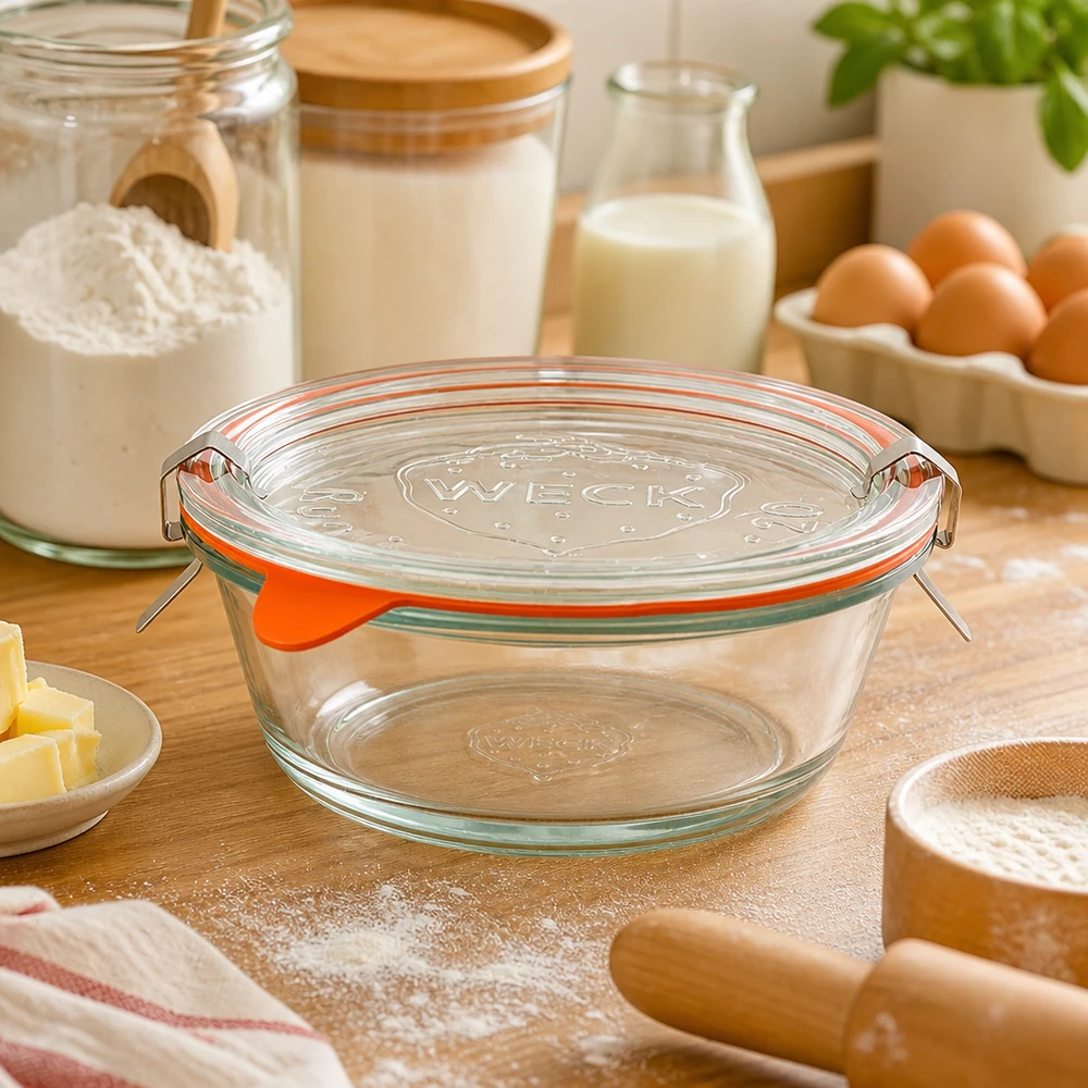 WECK Gourmetglas 300ml RR120 in Backküche mit Backzutaten, Mehl, Eiern und Milch, vielseitiges Küchenglas