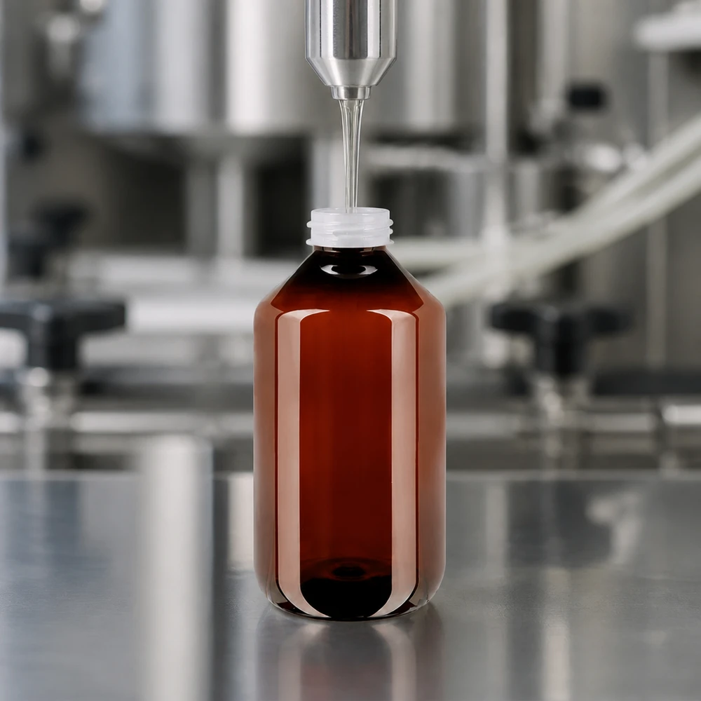 Plnění sirupu do hnědé 500ml PET láhve s rýhovaným bílým uzávěrem typu OV