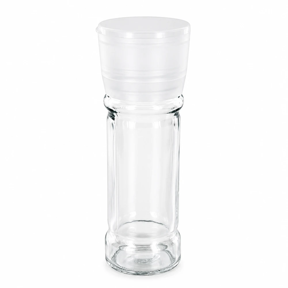 Sklenice na sůl/koření 100ml s mlýnkem Vario bílá Zylindrisches Gewürzglas 100ml mit weißer Dreh-Mühle Vario aus robustem Klarglas