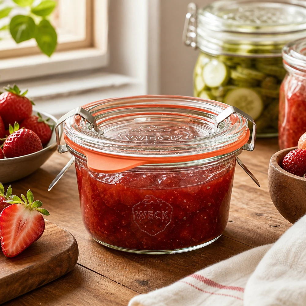 WECK 50ml Sturzglas RR60 in Küche mit selbstgemachter Erdbeermarmelade gefüllt neben frischen Erdbeeren auf Holzbrett