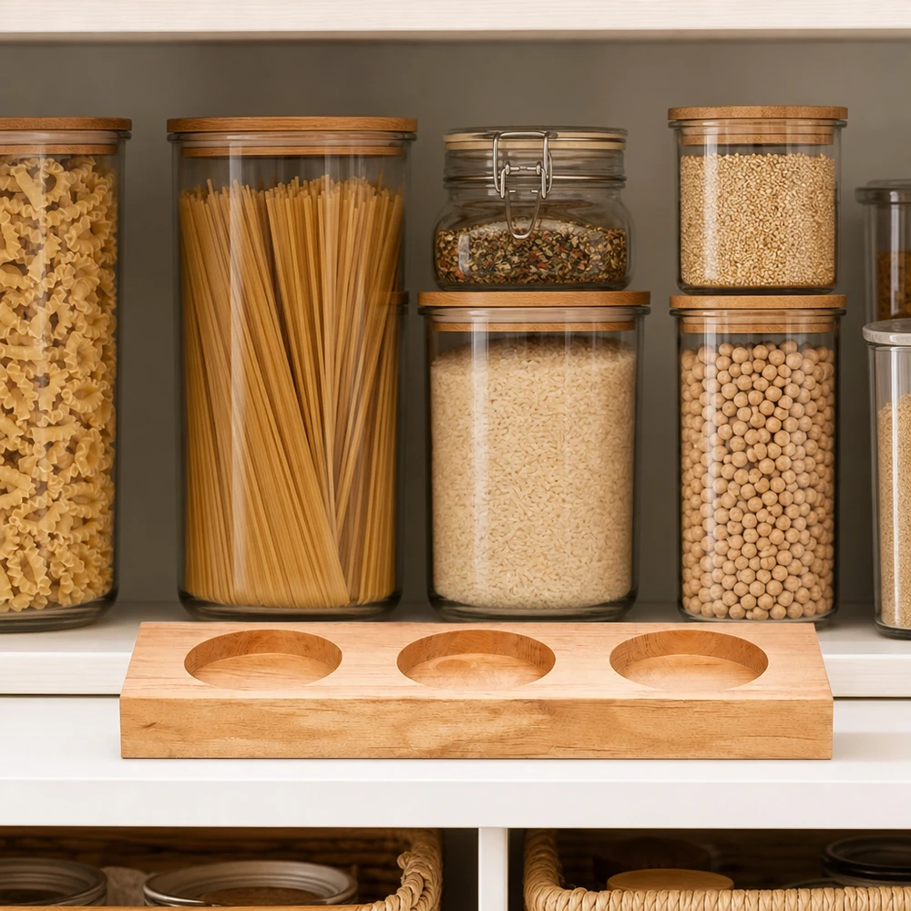 Servierbrett Plano3 für WECK Gläser in organisierter Vorratsküche mit Pasta und Hülsenfrüchten in Vorratsgläsern
