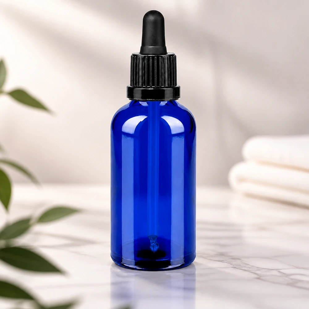 50ml pipetovací láhev černá s tamper-evidentním uzávěrem BlueLine UT18/50 Stilvolle Laborqualität: 50ml blaue Glasflasche mit präzisem schwarzem Pipettensystem