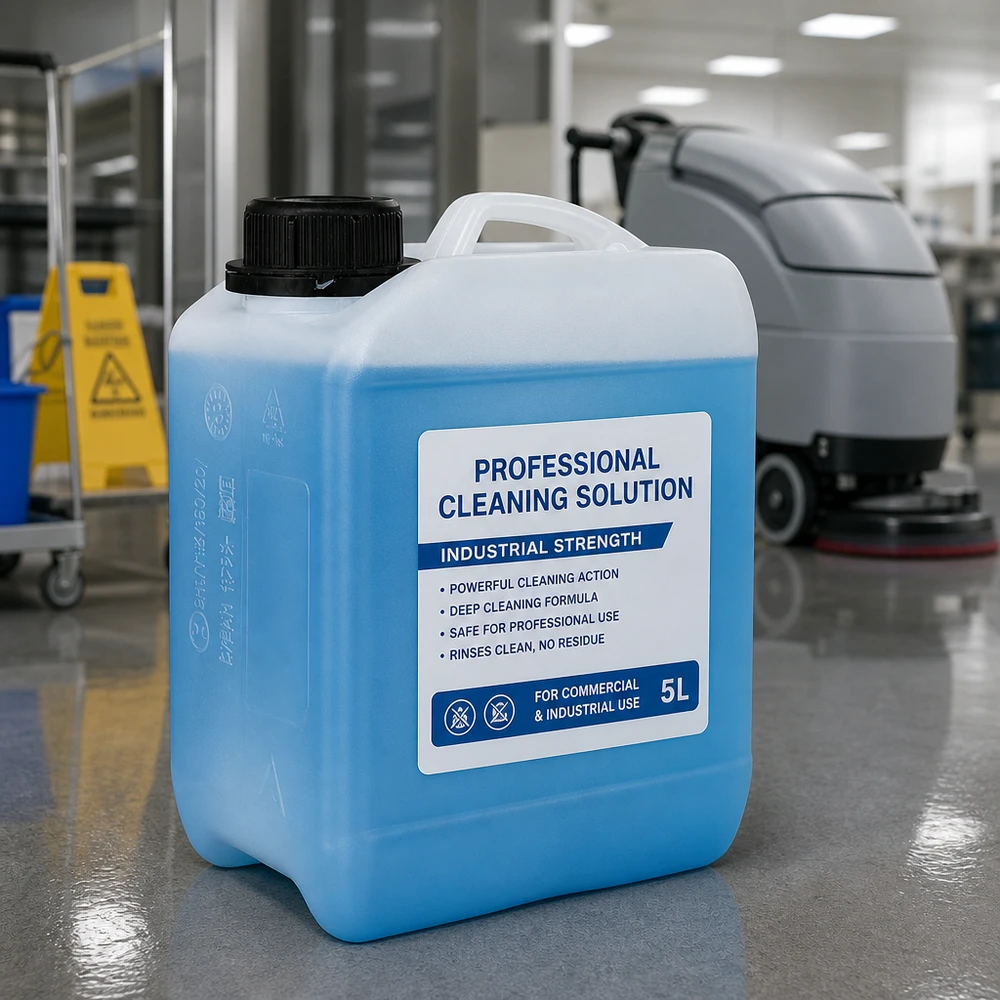 Kanister 2,5 Liter transluzent blau befüllt mit Reinigungslösung und Schraubverschluss