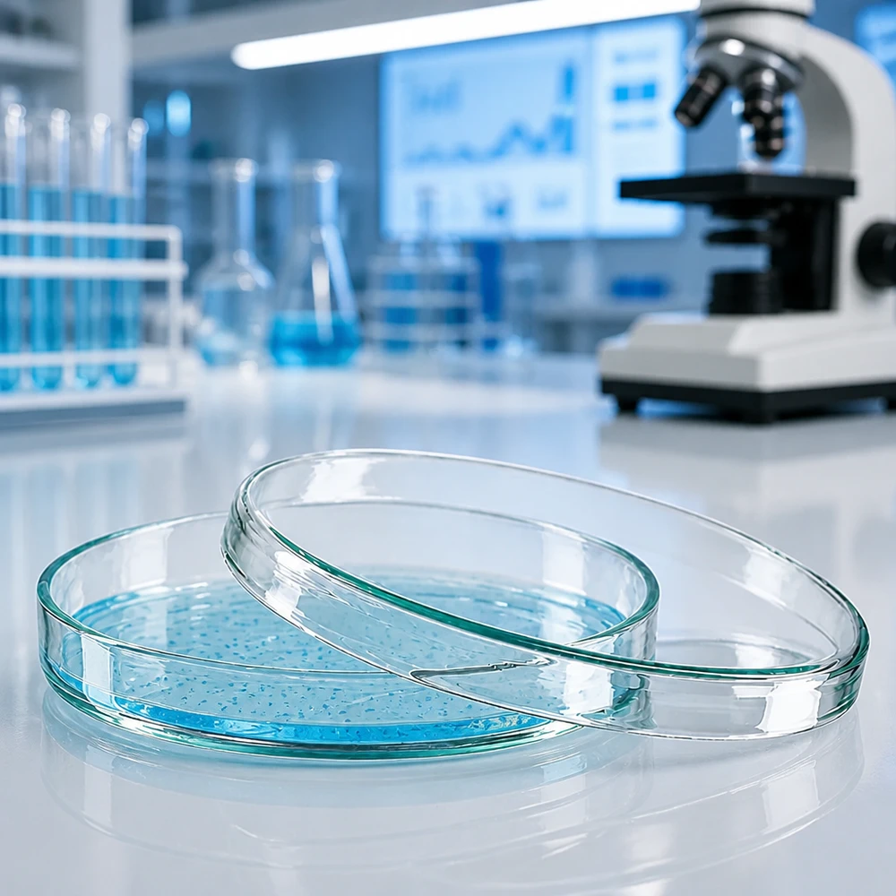 Petriho miska 100x15 mm skleněná Borosilikatglas Petrischale 100x15mm mit aquamarinem Kulturmedium Laborumgebung