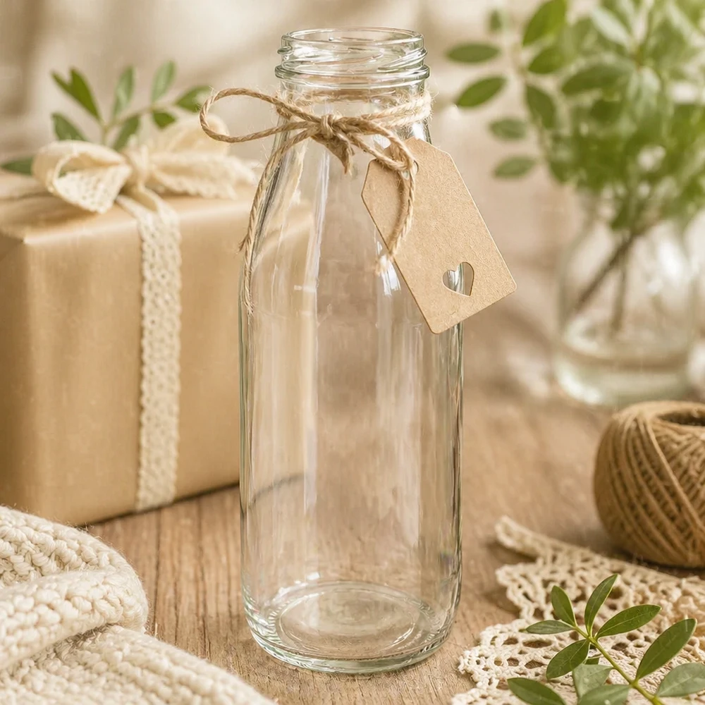 Skleněná láhev o objemu 500 ml bez víčka (TO48) UNiTWIST 500ml Glasflasche TO48 UNiTWIST leer mit Kraftpapier-Anhänger und Juteschnur als Geschenkverpackung dekoriert