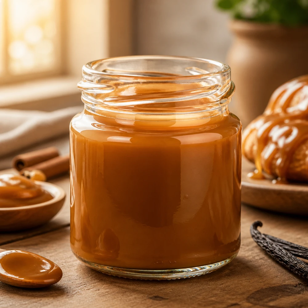 Kulatá dóza bez víčka o objemu 53 ml (TO43) UNiTWIST Runda53 – kulatá sklenice 53 ml, TO43, naplněná zlatým karamelovým krémem, vedle skořicových tyčinek a vanilkových lusků