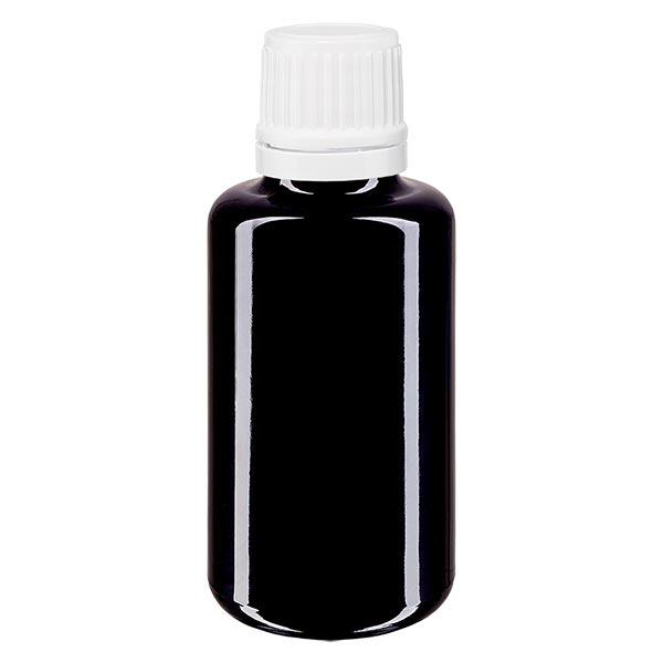 Lékárenská lahvička fialová 30ml kapátko uzávěr 1,2mm bílý tamper evidentní uzávěr.